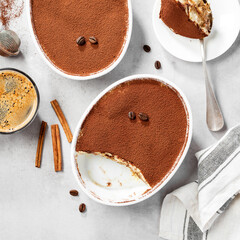 Classic Italian Dessert Tiramisu topped with cocoa in a ceramic dish. Light gray background. top view	