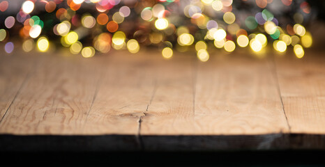 empty wooden table top with blurred light gold bokeh abstract background. For montage product display or design key visual layout