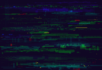 Glitch pattern digital cyberpunk technology vector illustration. Experimental optical texture design, geometric colorful decorative elements in abstract nostalgic fashion composition background
