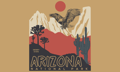 Wall Mural - Arizona with eagle vintage graphic print t shirt design. Cactus artwork for  fashion, poster, batch, sticker and others uses.