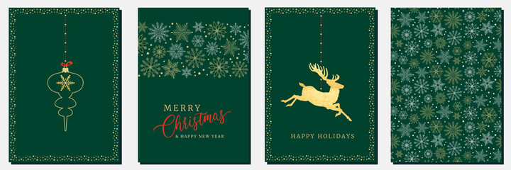 Wall Mural - Holidays cards with Christmas motif, snowflakes, gold ornament snow frames and  green background. Winter vector set templates