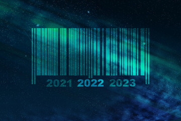 Wall Mural - 2021.2022.2023. Numbers and barcode in the starry sky. Concept for the coming of the New Year 2022. Holiday background.