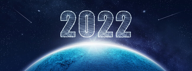 Wall Mural - 2022, numbers on the planet in space. New Year concept. Abstract background with stars and planet. Christmas background. Festive background.3D illustration.