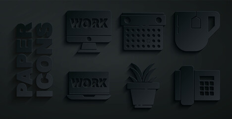 Poster - Set Plant in pot, Cup of tea with tea bag, Laptop text work, Telephone, Calendar and Monitor icon. Vector
