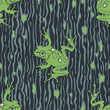 Seamless vector pattern with tree frog on textured brown background. Simple animal camouflage wallpaper design. Decorative zoo fashion textile.