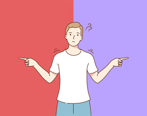 Choice, thinking, doubt, problem .Young pensive thoughtful confused doubtful man or boy standing and choosing between two colors or ways pointing in other sides illustration