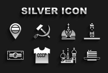 Sticker - Set USSR t-shirt, Slavic pagan idol, Medovik, Saint Basil's Cathedral, Russian ruble banknote, King crown, Location and Hammer and sickle icon. Vector