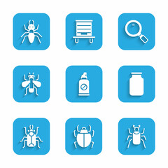 Poster - Set Spray against insects, Mite, Beetle bug, Glass jar, Insect fly, Magnifying glass and Ant icon. Vector