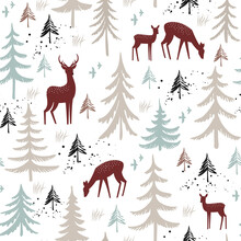 Seamless Pattern With Hand Drawn Christmas Trees And Deers. Winter Forest Background. Vector Illustration.