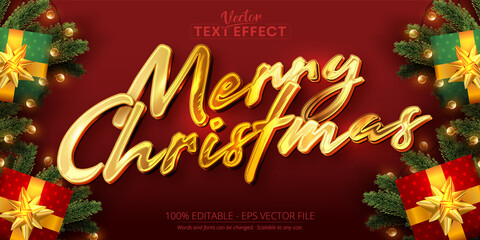 Wall Mural - Merry christmas text, shiny gold color style editable text effect