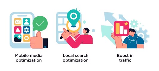 Poster - SEO strategy abstract concept vector illustration set. Mobile media optimization, local search, boost in traffic abstract metaphor.