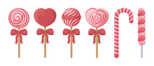A Bright Set Consisting Of Red And Pink Lollipops And Candies. Lollipops Of Various Shapes And Sizes. Sweets For Valentine S Day.Christmas Sweets. Festive Candles. Vector Illustration