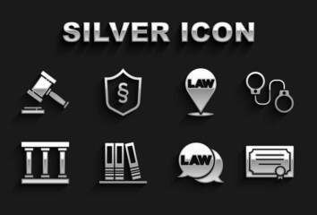 Poster - Set Office folders, Handcuffs, Certificate template, Law, Prison window, Location law, Judge gavel and Justice shield icon. Vector