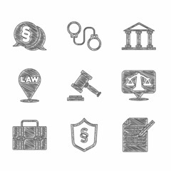 Canvas Print - Set Judge gavel, Justice law in shield, Document and pen, Scales of justice, Briefcase, Location, Courthouse building and Law icon. Vector