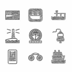 Canvas Print - Set Cruise ship, Binoculars, Ship bell, ticket, Lighthouse, Beach pier dock and Postcard travel icon. Vector