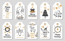 Christmas Gift Tags With Hand Drawn Elements, Cute Xmas Cards. Winter Holiday Labels With Santa And Dear, New Year Celebration Tag Vector Set. Glasses With Champagne, Angel And Wreath