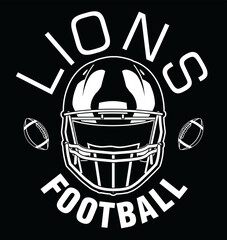 Lions Football One Color - White is a team design template that includes text, two footballs and a football helmet. Great for Lions t-shirts, mugs, advertising and promotion for teams or schools.