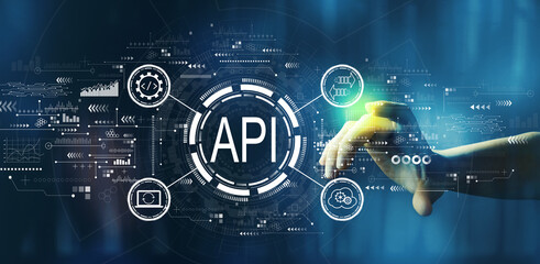 API - application programming interface concept with hand pressing a button on a technology screen