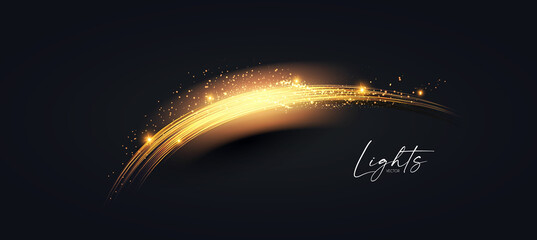 Wall Mural - Motion striped gold light effect. Abstract shining wave background. Magic screen design