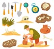Cartoon archeology elements and equipment, archaeologist at work. Archeological expedition tools, ancient vase, fossils and bones vector set. Male character searching and excavating artifacts