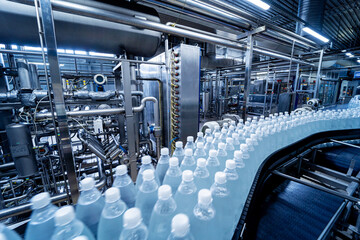 Poster - Conveyor belt with bottles of drinking water at a modern beverage plant.