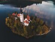 Drone views of the Pilgrimage Church of the Assumption of Maria in Bled, Slovenia