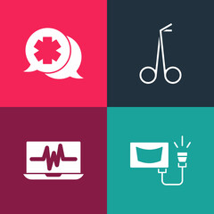 Canvas Print - Set pop art Ultrasound, Laptop with cardiogram, Medical scissors and Dialogue the doctor icon. Vector