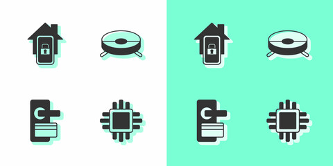 Sticker - Set Processor with CPU, Mobile smart home, Digital door lock and Robot vacuum cleaner icon. Vector