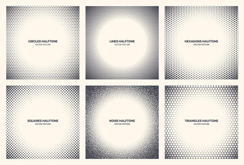 Different Variations Halftone Circle Frame Set Vector Abstract Geometric Patterns Isolated On White Background. Various Half Tone Texture Collection Circles Lines Noise Squares Hexagons Triangles