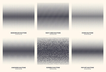 Sticker - Different Variations Modern Halftone Patterns Vector Geometric Texture Set Isolated On White Background. Various Half Tone Gradient Collection Semi Circle Wavy Line Star Checkers Scribble Pop Art