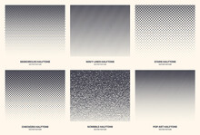Different Variations New Halftone Gradient Vector Abstract Geometric Pattern Set Isolated On White Background. Various Half Tone Texture Collection Semi Circle Wavy Line Star Checkers Scribble Pop Art