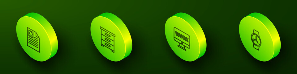 Poster - Set Isometric line Resume, Drawer with documents, Monitor text work and Wrist watch icon. Vector