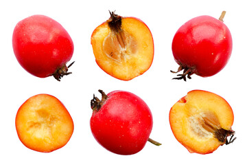 Wall Mural - Hawthorn berries isolated on white background, top view, close-up. Whole and cut hawthorn fruits isolated on white background. Crataegus isolated on white background, top view. Hawthorn berries set.