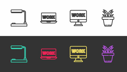 Poster - Set line Table lamp, Laptop with text work, Monitor and Plant in pot on black and white. Vector
