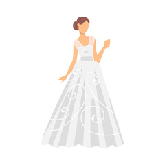 Poster - Bride in White Wedding Dress Standing as Newlywed or Just Married Female Vector Illustration