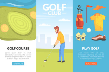 Poster - Golf Club with Young Man on Green Lawn Playing Club-and-ball Sport Game Vector Template