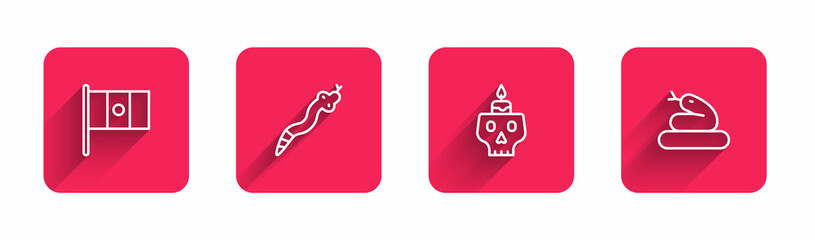 Sticker - Set line Mexico flag, Snake, Burning candle on skull and with long shadow. Red square button. Vector