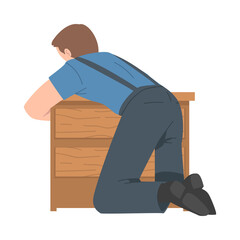 Sticker - Young Man in Overall Assembling and Installing Wooden Furniture Vector Illustration