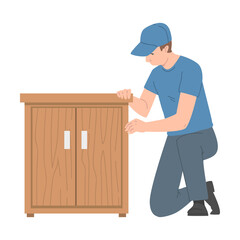 Sticker - Young Man in Blue Cap Assembling and Installing Wooden Furniture Vector Illustration