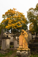 Pere Lachaise Cemetery In Autumn. Paris, France. All Saints  Day (Toussaint In French) Holiday. Mourning And Memory. Scenic View With Autumnal Trees.
