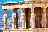 Detail of Caryatid Porch on the Acropolis, Athens, Greece. Ancient Erechtheion or Erechtheum temple. World famous landmark at the Acropolis Hill.