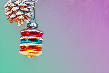 Retro Midcentury glass christmas tree ornament hanging on flocked branch with pinecone on white background - Room for copy Illustration