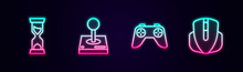 Set Line Old Hourglass, Joystick For Arcade Machine, Game Controller Joystick And Computer Mouse. Glowing Neon Icon. Vector