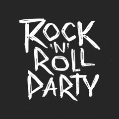 Poster - Rock Party grunge style doodle lettering vector template. Set of Rock'n'roll music logo and vintage style for print stump tee and poster design. Rock music hand drawn lettering