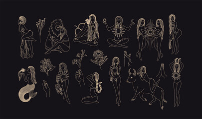Wall Mural - zodiac signs collection. mystical silhouettes. astrological symbols. illustrations of women. mysteri