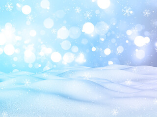 Poster - 3D Christmas winter landscape with snowflakes and bokeh lights