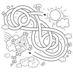 Wall Mural - Maze or Labyrinth Game. Puzzle. Tangled road. Coloring Page Outline Of cartoon cheerful fly kite high in the sky. Coloring book for kids.