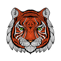 Wall Mural - Patterned tiger head orange with a black and white stroke. Abstract ethnic picture tiger head with tribal ethnic ornament. The ornament is painted by hand. The illustration is drawn by hand