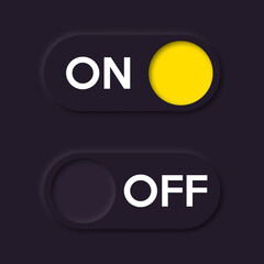 Fototapete - Icon on and off toggle switch button UI UX for mobile applications, web and social media. Neumorphism icons and control elements on dark background.