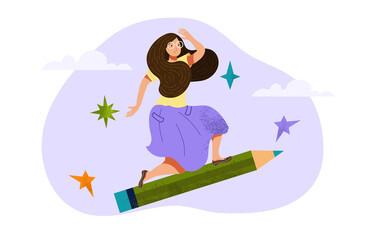 Poster - designer on pencil. girl flies, looking into distance. metaphor of creativity, concept development. 